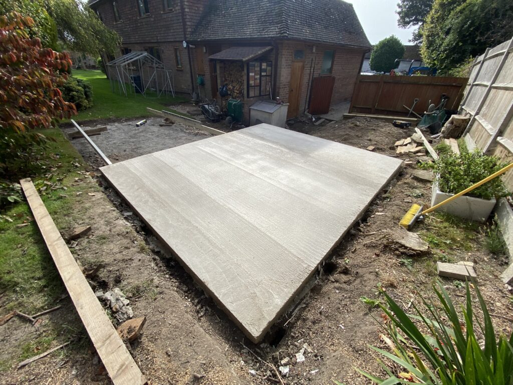 Large concrete shed base ready for a garden building