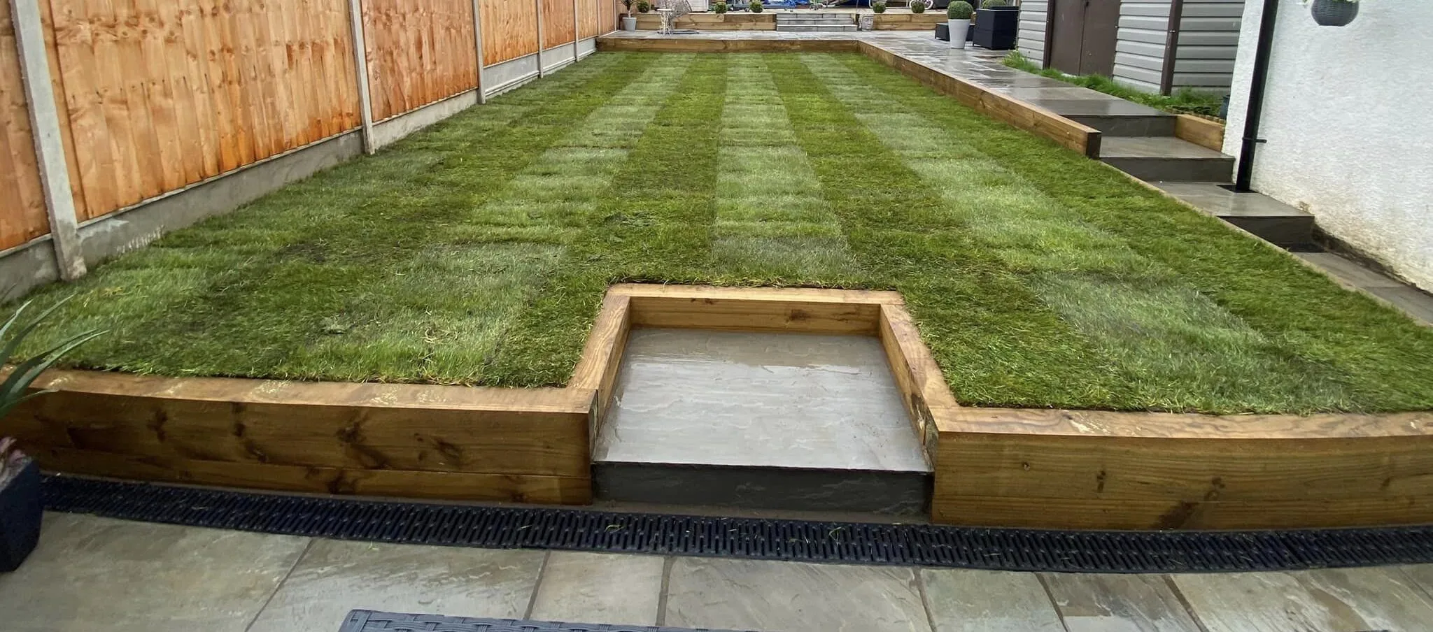 Sleeper edging around a newly laid garden lawn