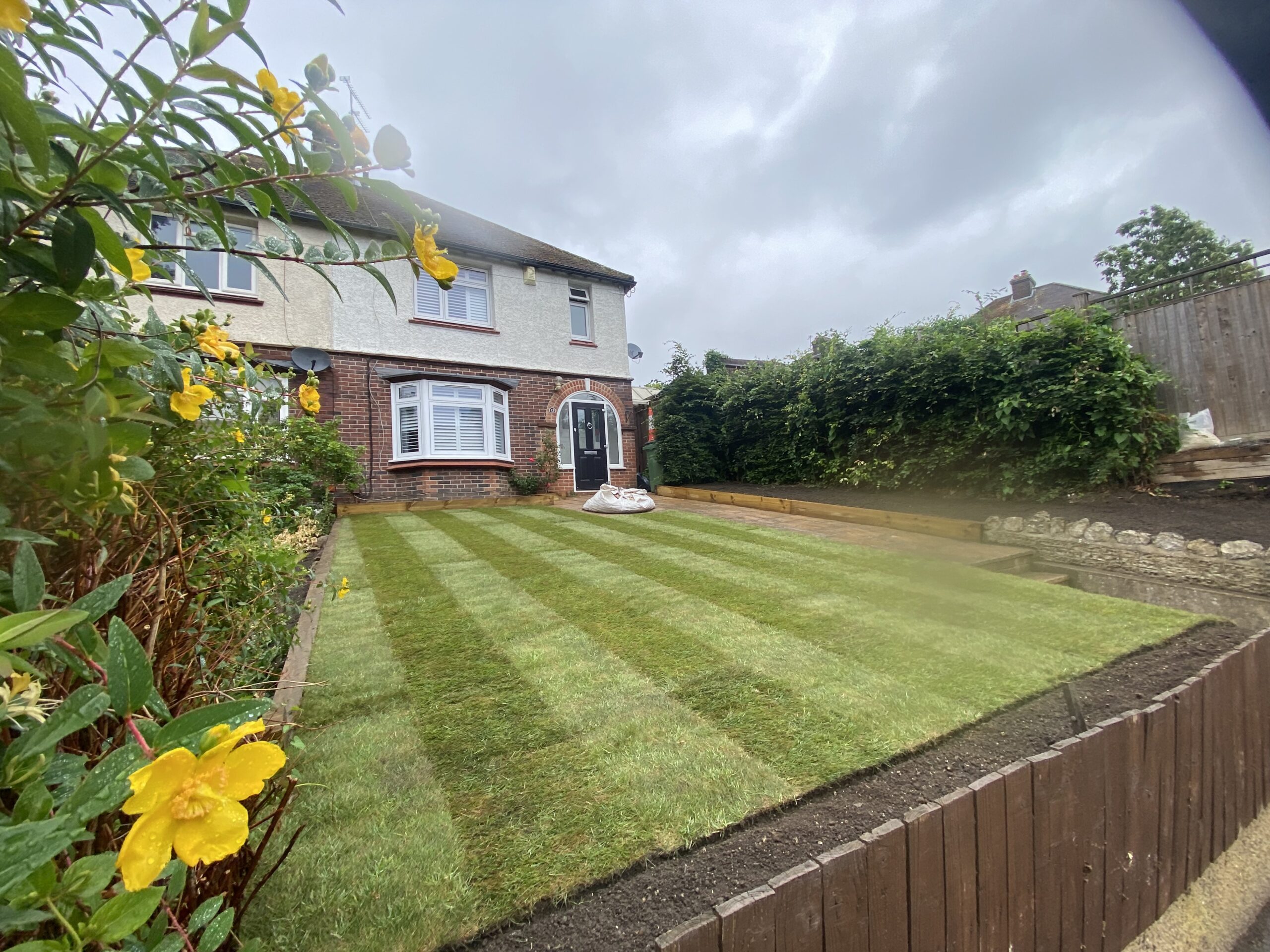 Freshly laid lawn in a front garden