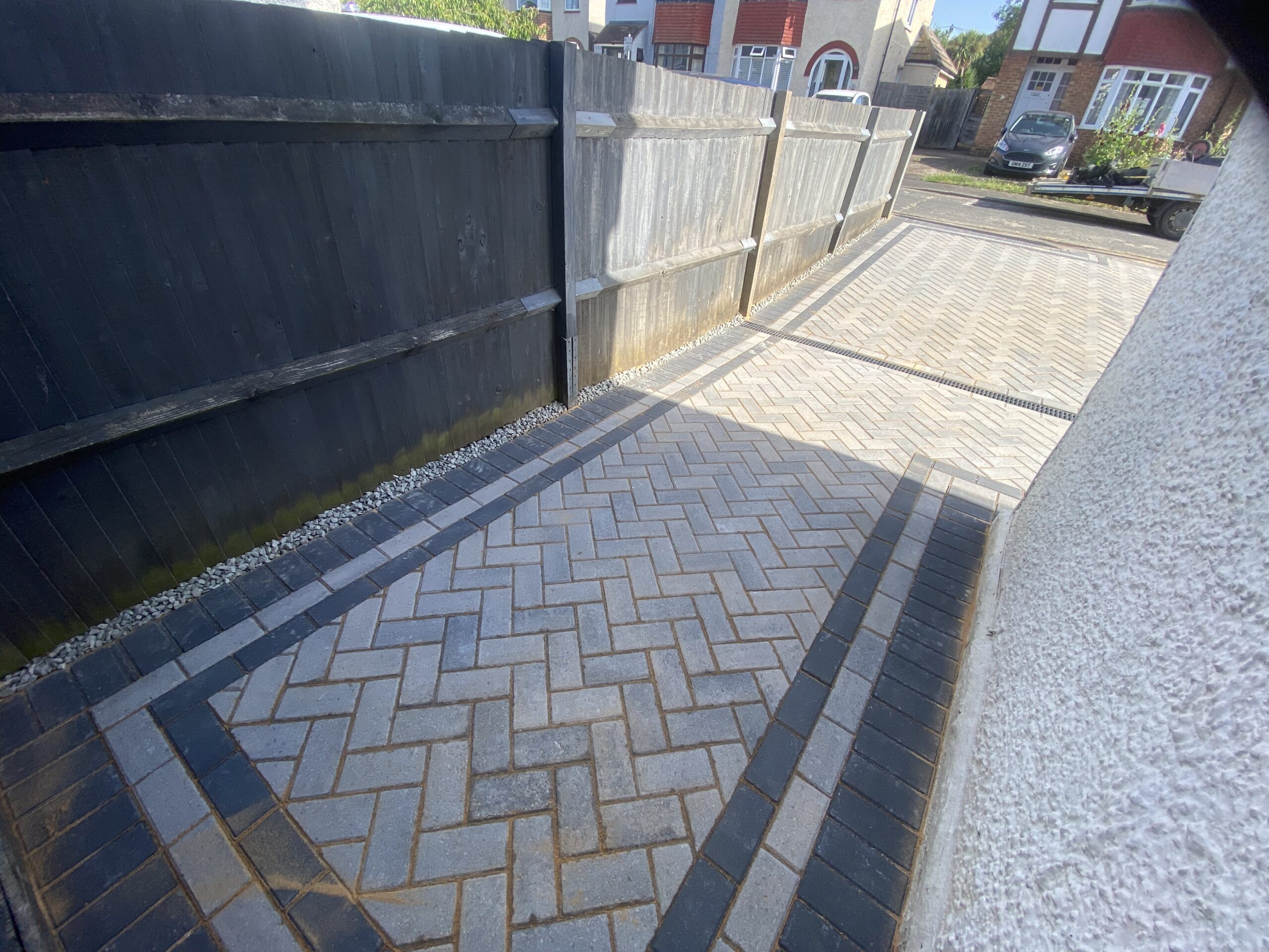 Grey block paving with dark contrasting border