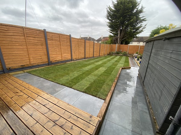 Complete garden transformation with porcelain patio and lawn in Maidstone